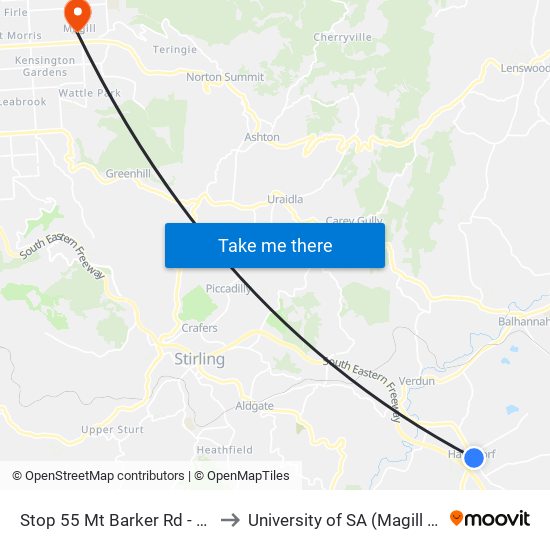 Stop 55 Mt Barker Rd - East side to University of SA (Magill Campus) map