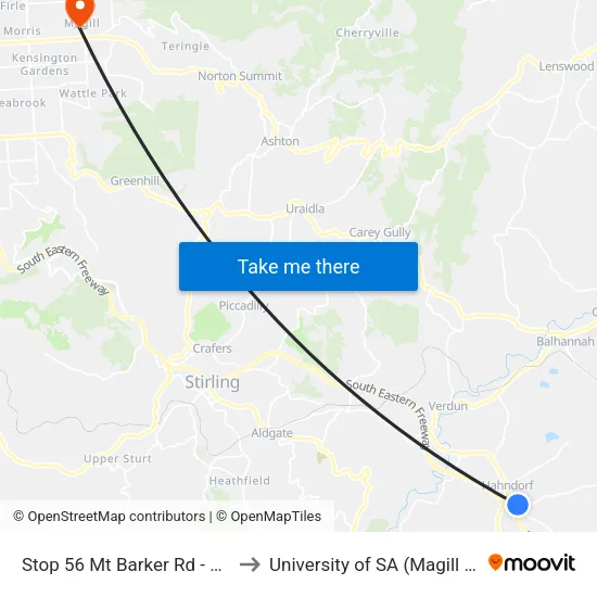 Stop 56 Mt Barker Rd - West side to University of SA (Magill Campus) map