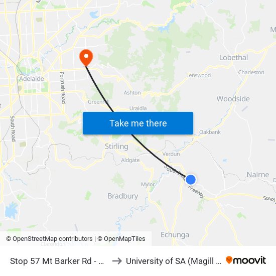 Stop 57 Mt Barker Rd - North side to University of SA (Magill Campus) map