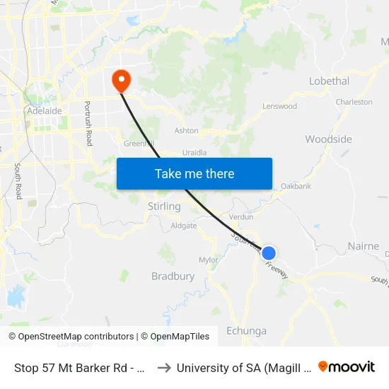 Stop 57 Mt Barker Rd - North side to University of SA (Magill Campus) map