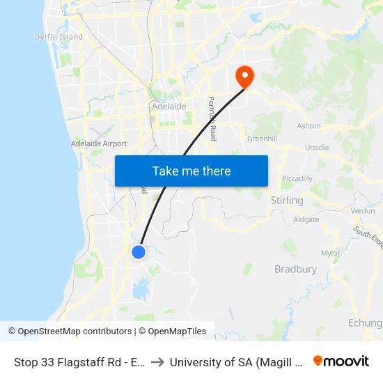 Stop 33 Flagstaff Rd - East side to University of SA (Magill Campus) map