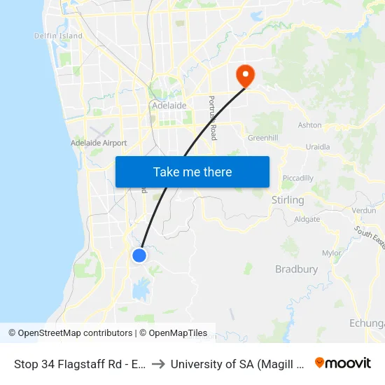 Stop 34 Flagstaff Rd - East side to University of SA (Magill Campus) map