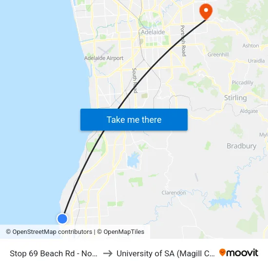 Stop 69 Beach Rd - North side to University of SA (Magill Campus) map