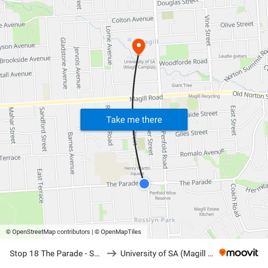 Stop 18 The Parade - South side to University of SA (Magill Campus) map