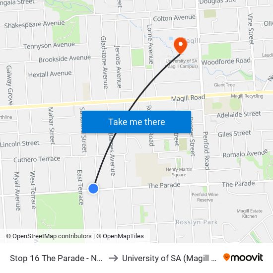 Stop 16 The Parade - North side to University of SA (Magill Campus) map
