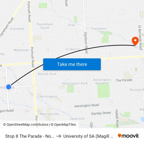 Stop 8 The Parade - North side to University of SA (Magill Campus) map