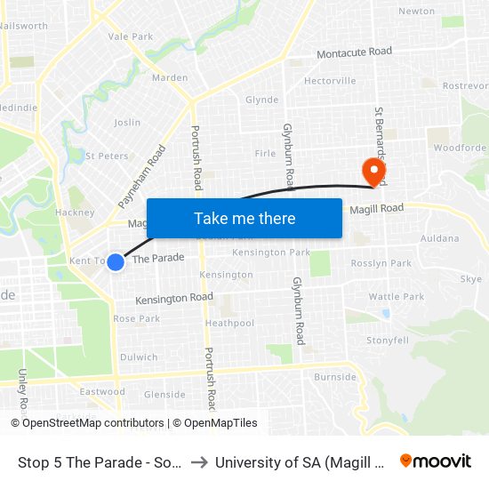 Stop 5 The Parade - South side to University of SA (Magill Campus) map