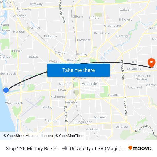 Stop 22E Military Rd - East side to University of SA (Magill Campus) map