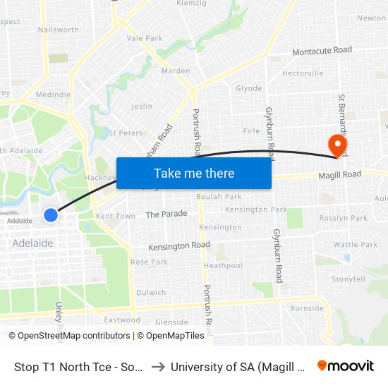 Stop T1 North Tce - South side to University of SA (Magill Campus) map