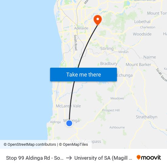 Stop 99 Aldinga Rd - South side to University of SA (Magill Campus) map