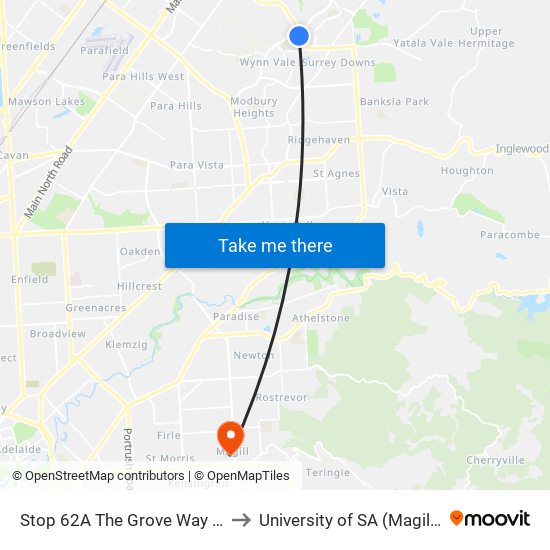 Stop 62A The Grove Way - West side to University of SA (Magill Campus) map