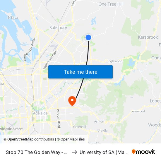 Stop 70 The Golden Way - South East side to University of SA (Magill Campus) map