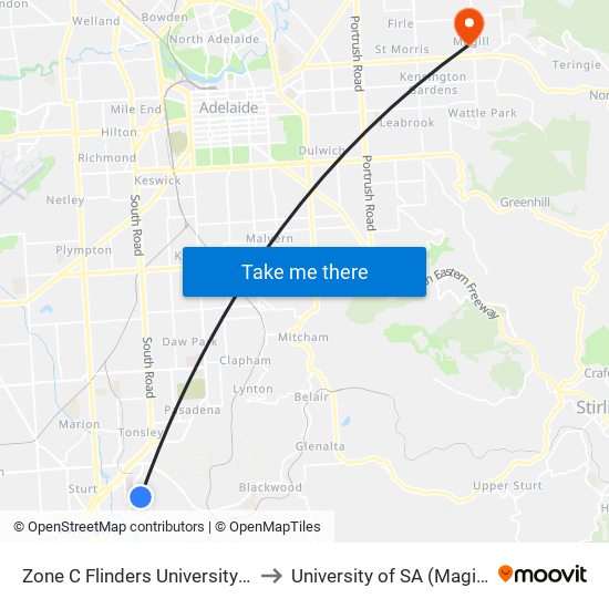 Zone C Flinders University Interchange to University of SA (Magill Campus) map