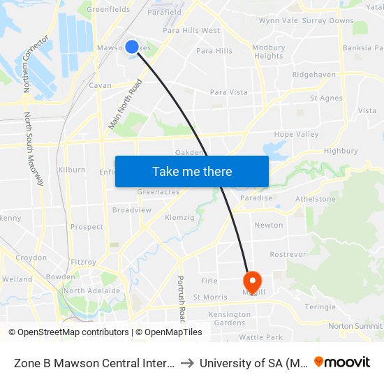 Zone B Mawson Central Interchange - South side to University of SA (Magill Campus) map