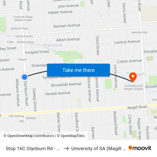 Stop 16C Glynburn Rd - West side to University of SA (Magill Campus) map