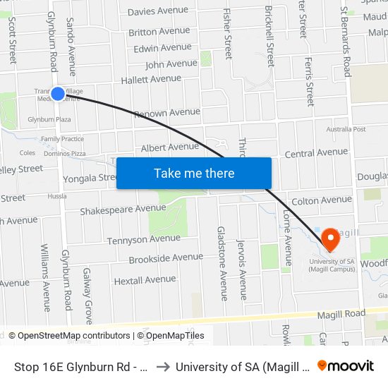 Stop 16E Glynburn Rd - East side to University of SA (Magill Campus) map