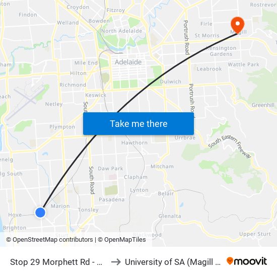 Stop 29 Morphett Rd - West side to University of SA (Magill Campus) map