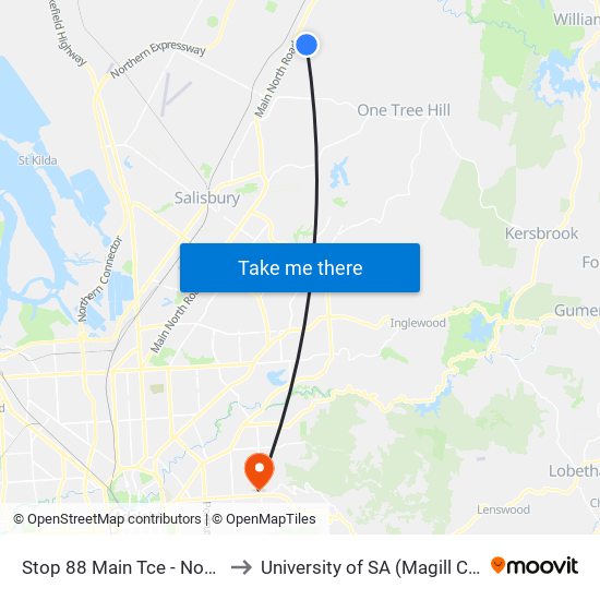 Stop 88 Main Tce - North side to University of SA (Magill Campus) map