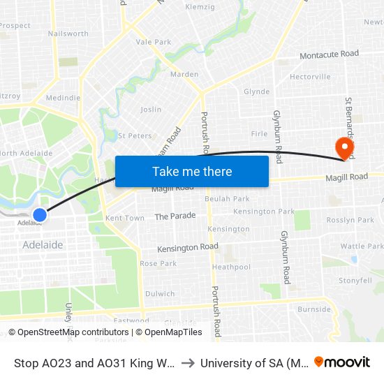 Stop AO23 and AO31 King William Rd - West side to University of SA (Magill Campus) map