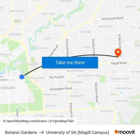 Botanic Gardens to University of SA (Magill Campus) map