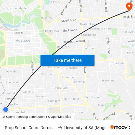 Stop School Cabra Dominican College to University of SA (Magill Campus) map