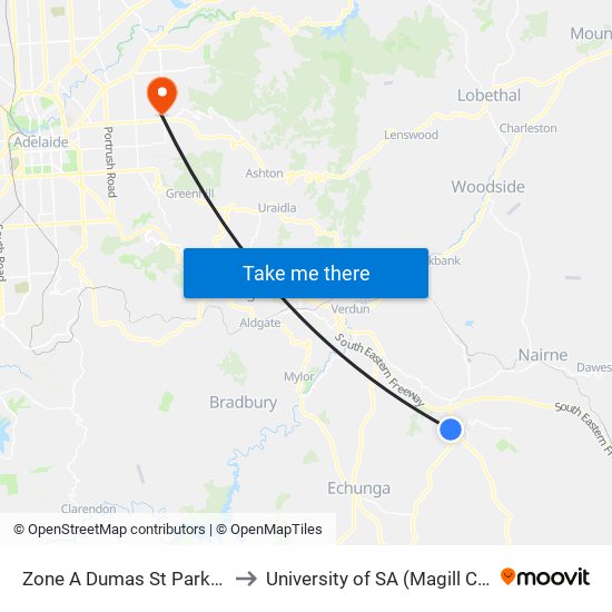 Zone A Dumas St Park 'n' Ride to University of SA (Magill Campus) map