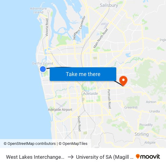 West Lakes Interchange Terminus to University of SA (Magill Campus) map