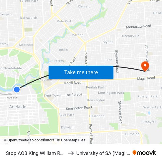 Stop AO3 King William Rd - East side to University of SA (Magill Campus) map