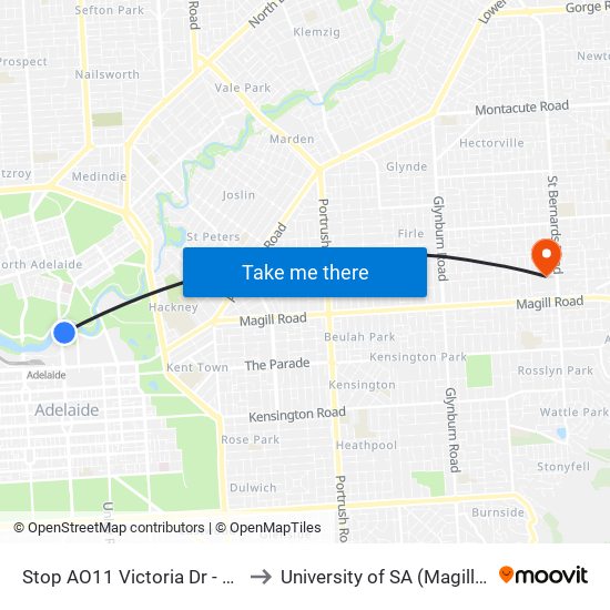 Stop AO11 Victoria Dr - South side to University of SA (Magill Campus) map