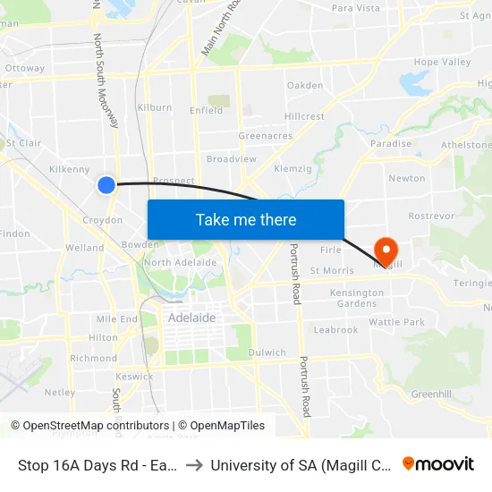 Stop 16A Days Rd - East side to University of SA (Magill Campus) map