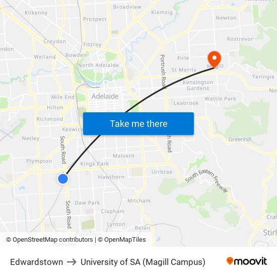 Edwardstown to University of SA (Magill Campus) map