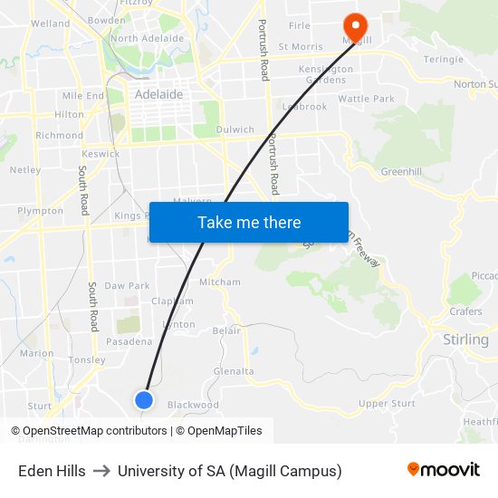 Eden Hills to University of SA (Magill Campus) map