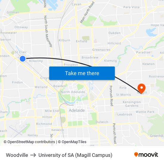 Woodville to University of SA (Magill Campus) map