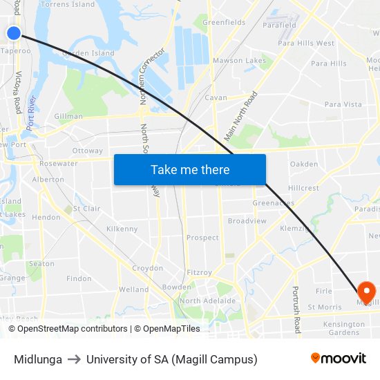 Midlunga to University of SA (Magill Campus) map