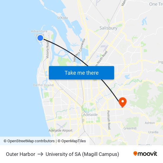 Outer Harbor to University of SA (Magill Campus) map