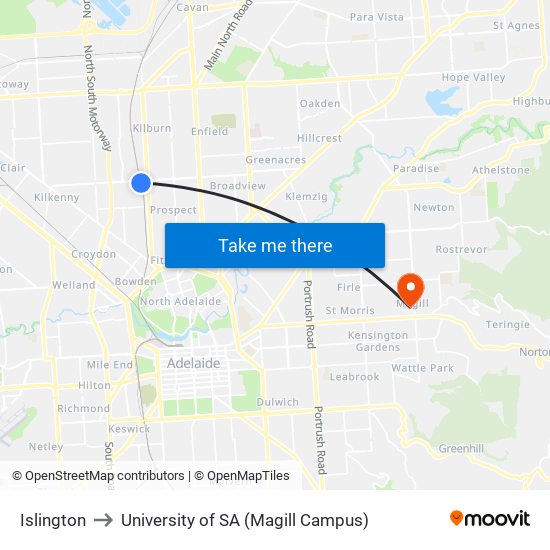 Islington to University of SA (Magill Campus) map