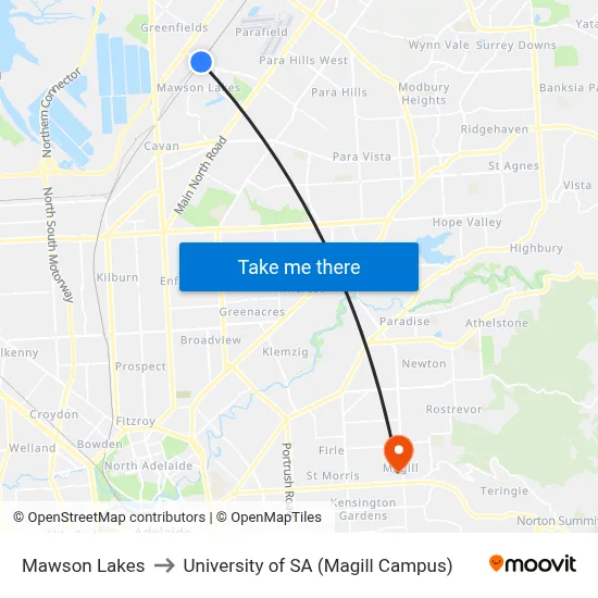 Mawson Lakes to University of SA (Magill Campus) map