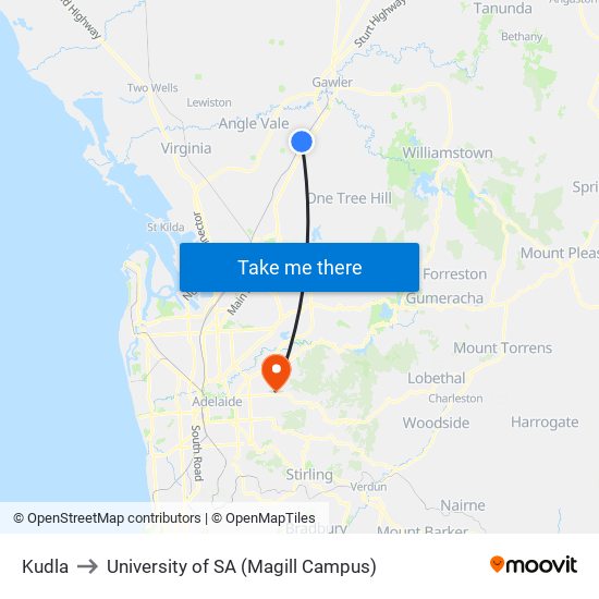 Kudla to University of SA (Magill Campus) map