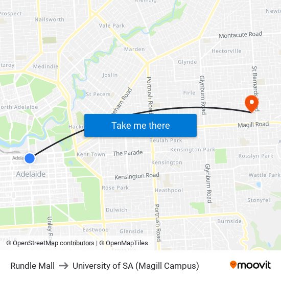 Rundle Mall to University of SA (Magill Campus) map