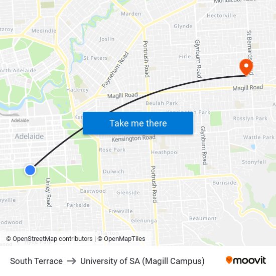 South Terrace to University of SA (Magill Campus) map