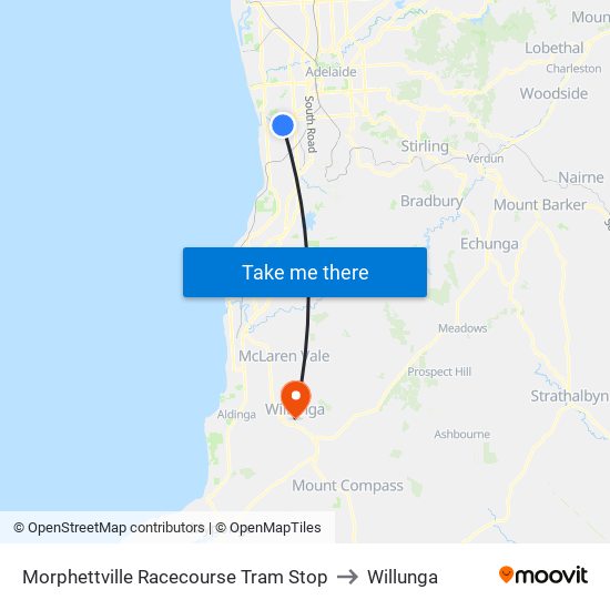 Morphettville Racecourse Tram Stop to Willunga map