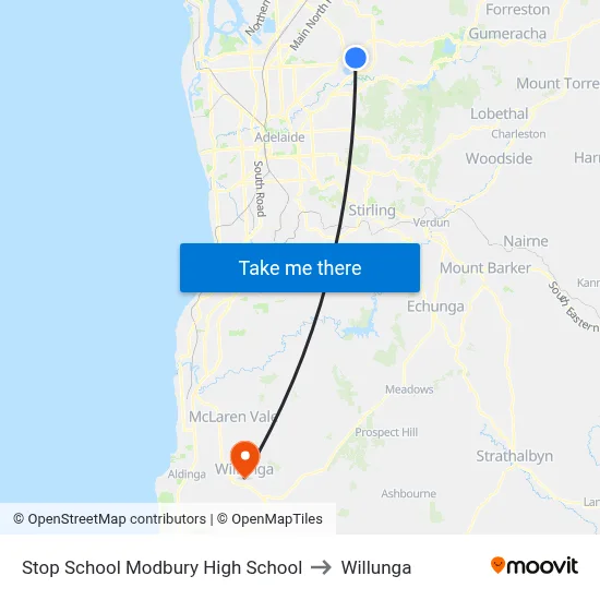 Stop School Modbury High School to Willunga map