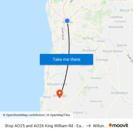 Stop AO25 and AO26 King William Rd - East side to Willunga map