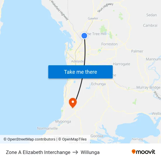 Zone A Elizabeth Interchange to Willunga map