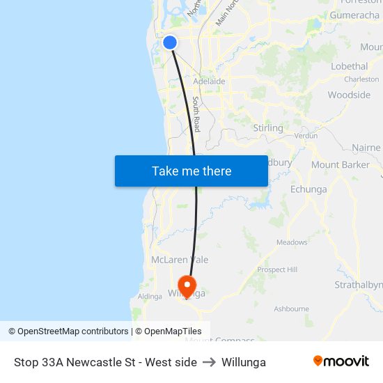 Stop 33A Newcastle St - West side to Willunga map