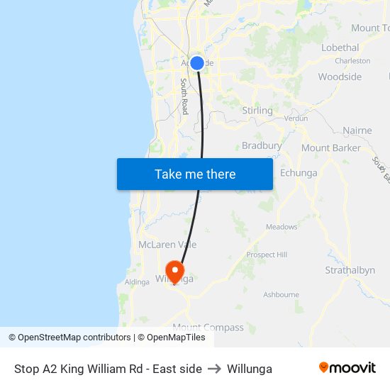 Stop A2 King William Rd - East side to Willunga map