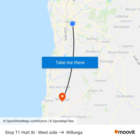 Stop T1 Hutt St - West side to Willunga map