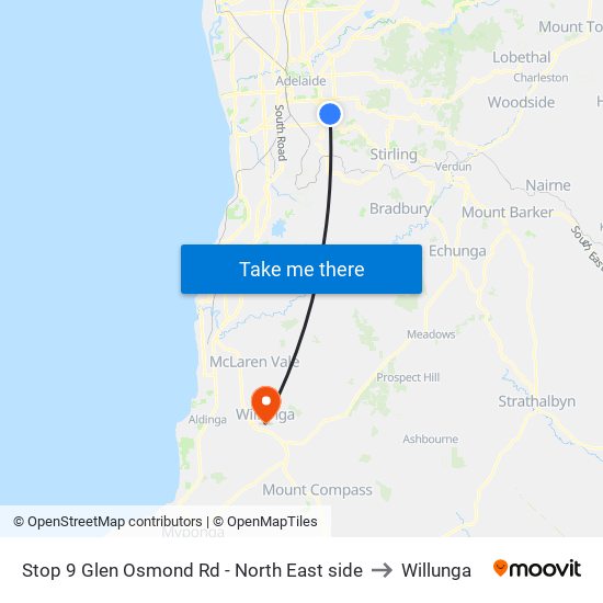 Stop 9 Glen Osmond Rd - North East side to Willunga map