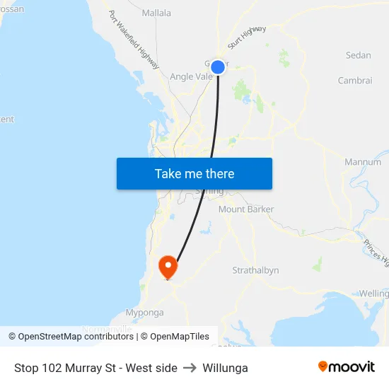 Stop 102 Murray St - West side to Willunga map