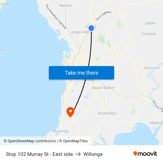 Stop 102 Murray St - East side to Willunga map